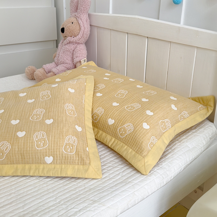 91家纺网 家纺一手货源 找家纺 2024新品色织立体提花全棉三层纱布夹棉枕套 小兔-黄