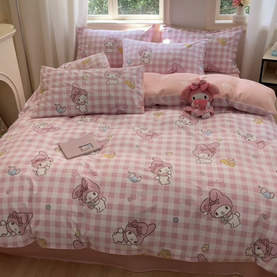 91家纺网 家纺一手货源 找家纺 博雅 2024新款三丽鸥全棉印花卡通四件套 粉格美乐蒂AB版