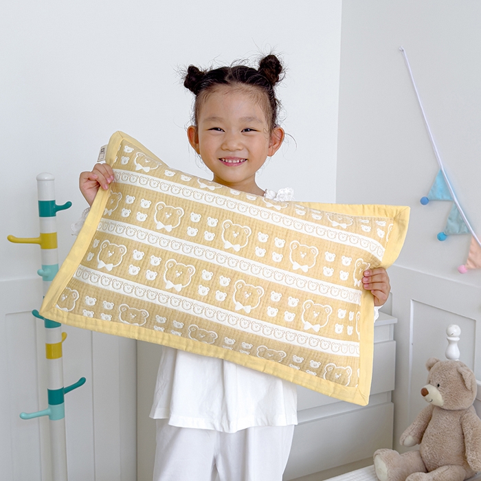 91家纺网 家纺一手货源 找家纺 2024新品色织立体提花全棉三层纱布夹棉枕套 小熊-黄