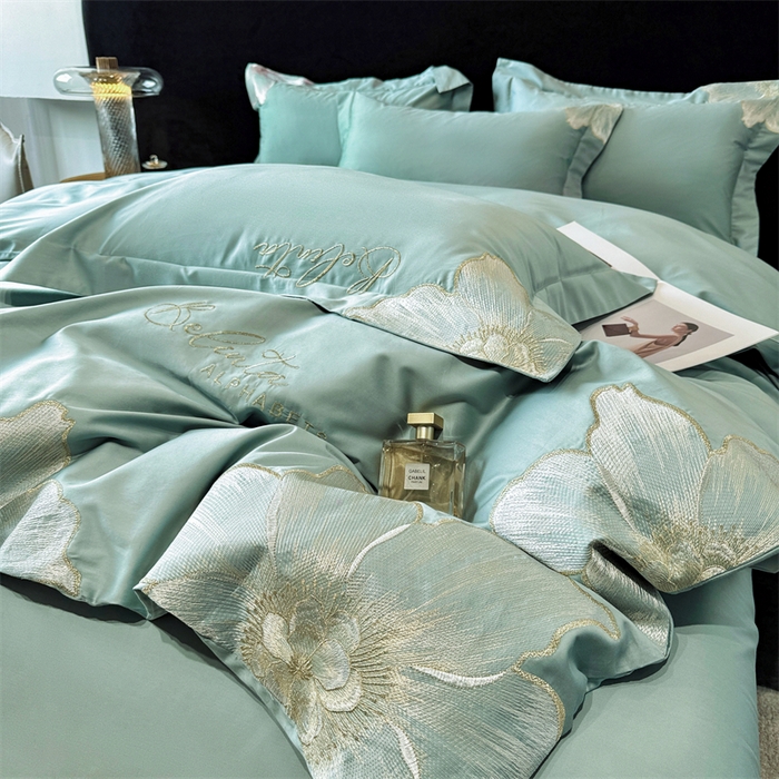 91家纺网 家纺一手货源 找家纺 宅家居 2024新款莫奈花园系列-轻奢小香风双面纯棉刺绣长绒棉四件套 莫奈花园-松石绿