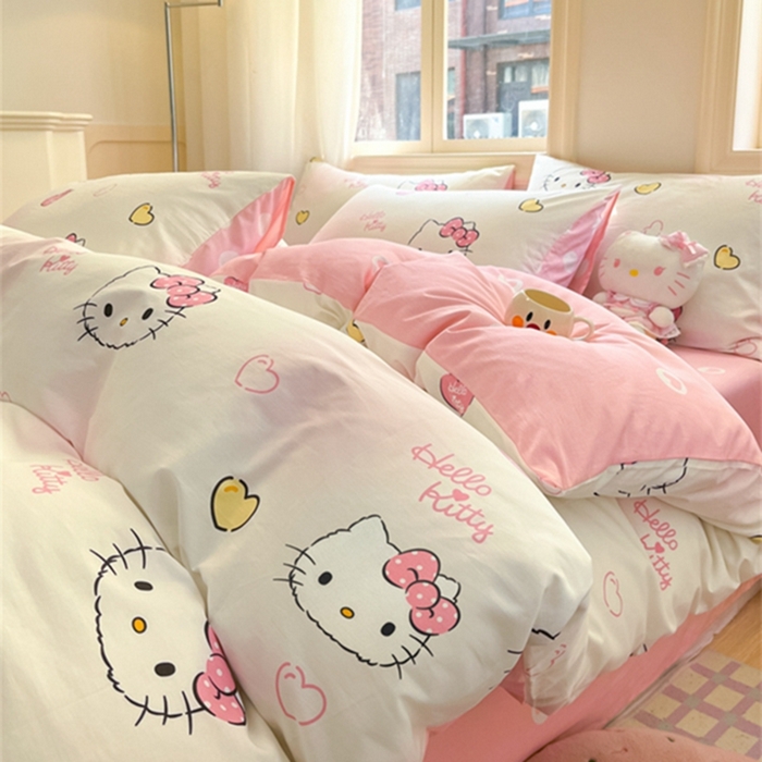 91家纺网 家纺一手货源 找家纺 博雅 2024新款三丽鸥全棉印花卡通四件套 彩色KT