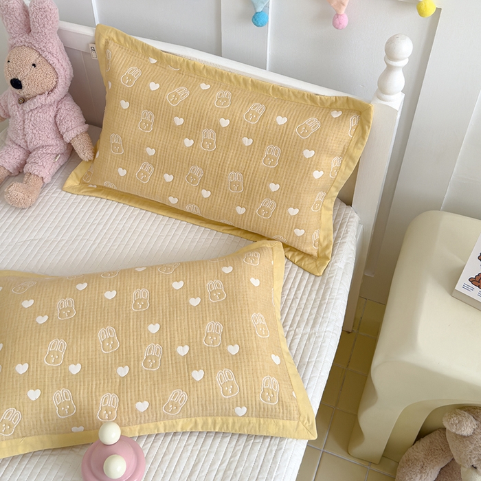 91家纺网 家纺一手货源 找家纺 2024新品色织立体提花全棉三层纱布夹棉枕套 小兔-黄