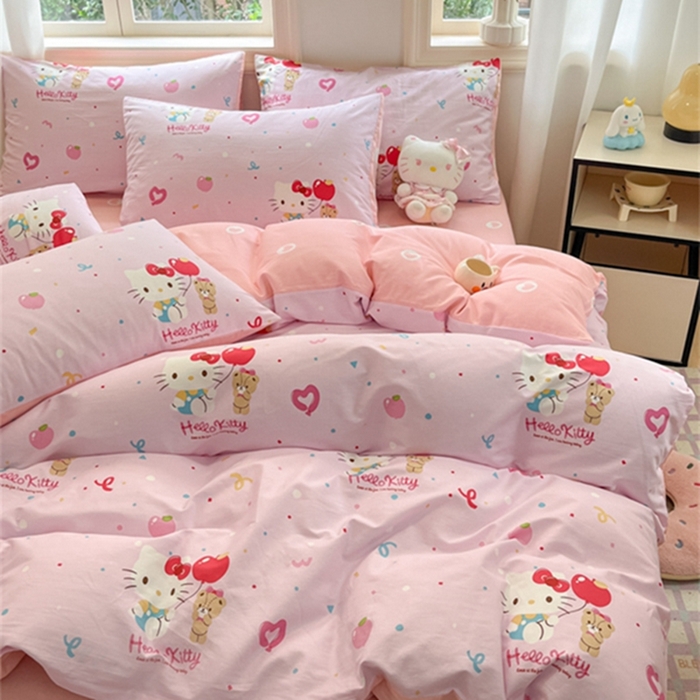 91家纺网 家纺一手货源 找家纺 博雅 2024新款三丽鸥全棉印花卡通四件套 小熊苹果KT