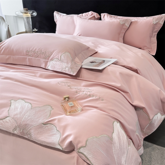 91家纺网 家纺一手货源 找家纺 宅家居 2024新款莫奈花园系列-轻奢小香风双面纯棉刺绣长绒棉四件套 莫奈花园-樱花粉