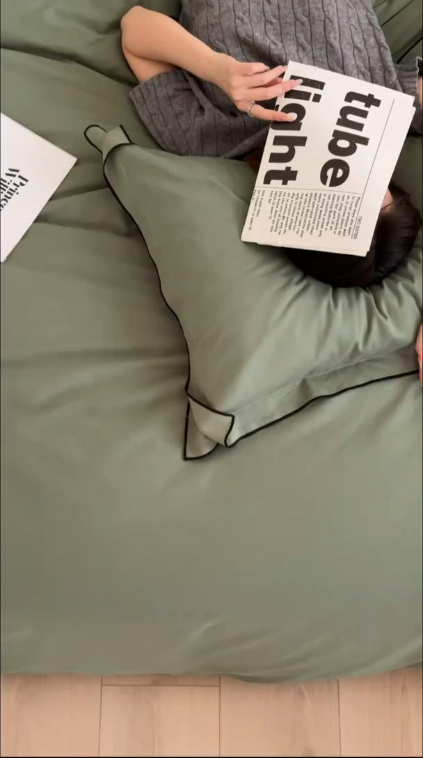 91家纺网 家纺一手货源 找家纺 梦享生活家居 2024新款Ａ类50支全棉磨毛密拷边四件套系列 密拷边翡翠绿