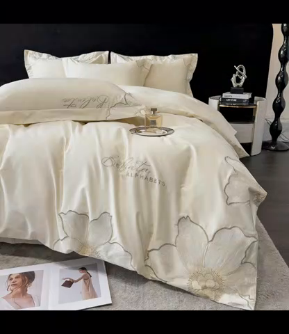 91家纺网 家纺一手货源 找家纺 宅家居 2024新款莫奈花园系列-轻奢小香风双面纯棉刺绣长绒棉四件套 莫奈花园-奶昔白