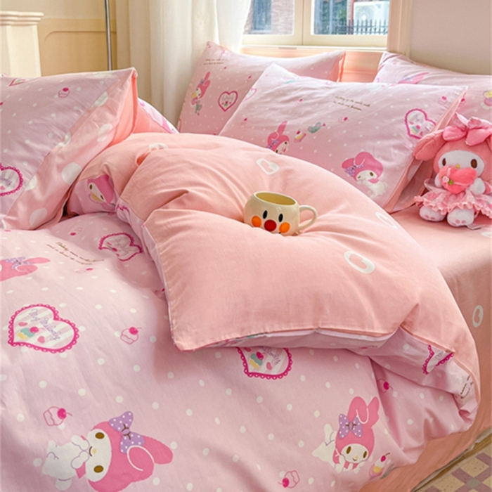 91家纺网 家纺一手货源 找家纺 博雅 2024新款三丽鸥全棉印花卡通四件套 粉色爱心美乐蒂