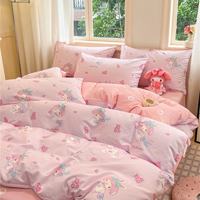 91家纺网 家纺一手货源 找家纺 博雅 2024新款三丽鸥全棉印花卡通四件套 花朵美乐蒂