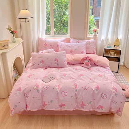 91家纺网 家纺一手货源 找家纺 博雅 2024新款三丽鸥全棉印花卡通四件套 粉色爱心美乐蒂