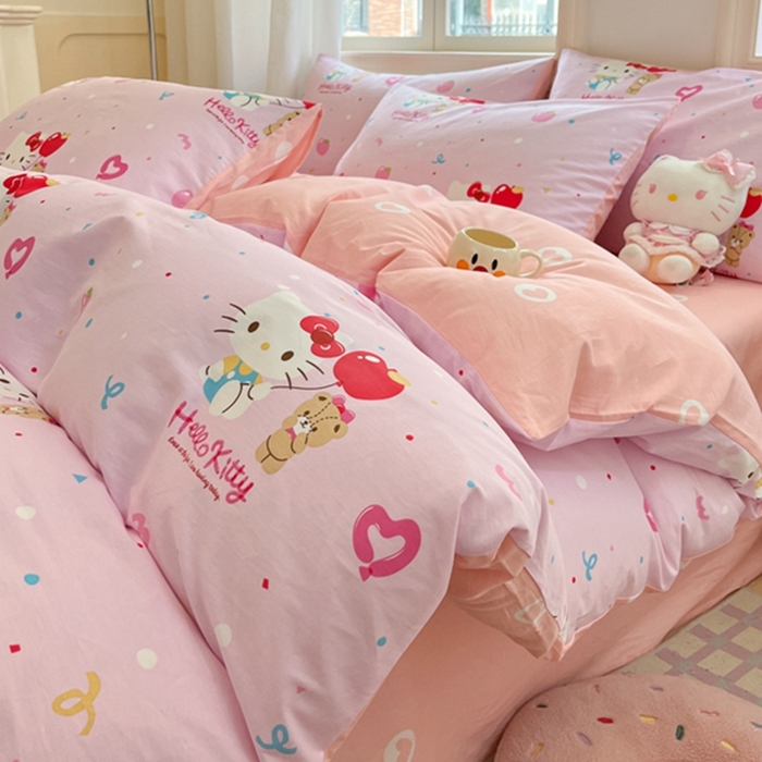 91家纺网 家纺一手货源 找家纺 博雅 2024新款三丽鸥全棉印花卡通四件套 小熊苹果KT