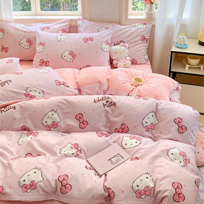 91家纺网 家纺一手货源 找家纺 博雅 2024新款三丽鸥全棉印花卡通四件套 粉色蝴蝶结KT