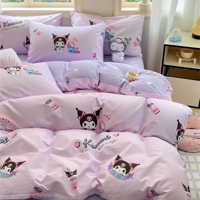 91家纺网 家纺一手货源 找家纺 博雅 2024新款三丽鸥全棉印花卡通四件套 库洛米爆米花可乐