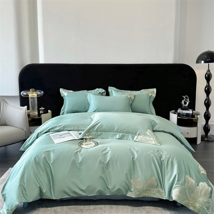 91家纺网 家纺一手货源 找家纺 宅家居 2024新款莫奈花园系列-轻奢小香风双面纯棉刺绣长绒棉四件套 莫奈花园-松石绿