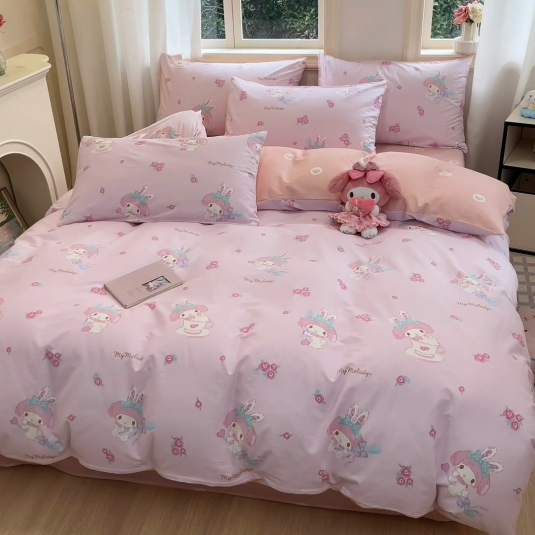 91家纺网 家纺一手货源 找家纺 博雅 2024新款三丽鸥全棉印花卡通四件套 花朵美乐蒂