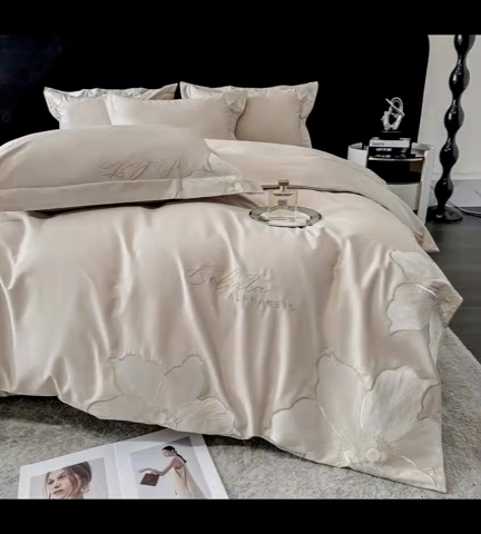 91家纺网 家纺一手货源 找家纺 宅家居 2024新款莫奈花园系列-轻奢小香风双面纯棉刺绣长绒棉四件套 莫奈花园-香槟金