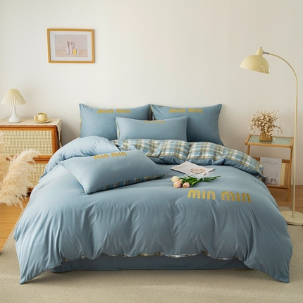 91家纺网 家纺一手货源 找家纺 （总）2025新款ins风青春格子水洗棉纯色双拼格子四件套格子-提供买家秀