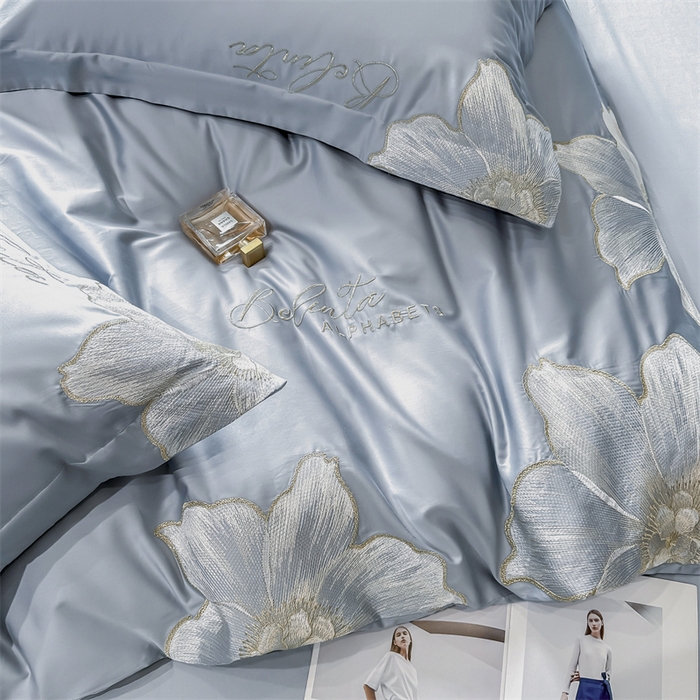 91家纺网 家纺一手货源 找家纺 宅家居 2024新款莫奈花园系列-轻奢小香风双面纯棉刺绣长绒棉四件套 莫奈花园-湖水蓝