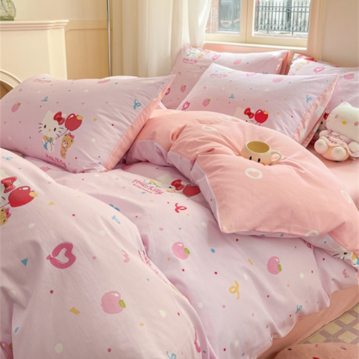 91家纺网 家纺一手货源 找家纺 博雅 2024新款三丽鸥全棉印花卡通四件套 小熊苹果KT