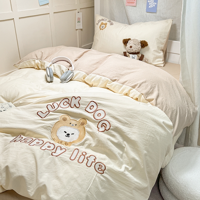 91家纺网 家纺一手货源 找家纺 梦舒羽 2025新款ins卡通可爱小狗刺绣水洗棉磨毛学生宿舍三件套居家四件套 小比熊-卡其