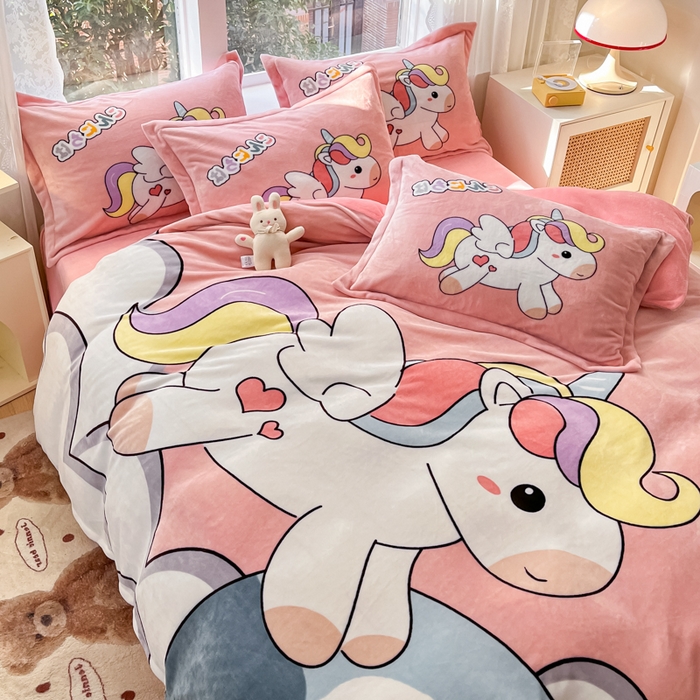 91家纺网 家纺一手货源 找家纺 喜梦缘-2025新款大版卡通牛奶绒四件套 独角兽