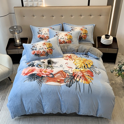 91家纺网 家纺一手货源 找家纺 喜梦缘 2025新款大版花卉牛奶绒四件套 火烈鸟-兰