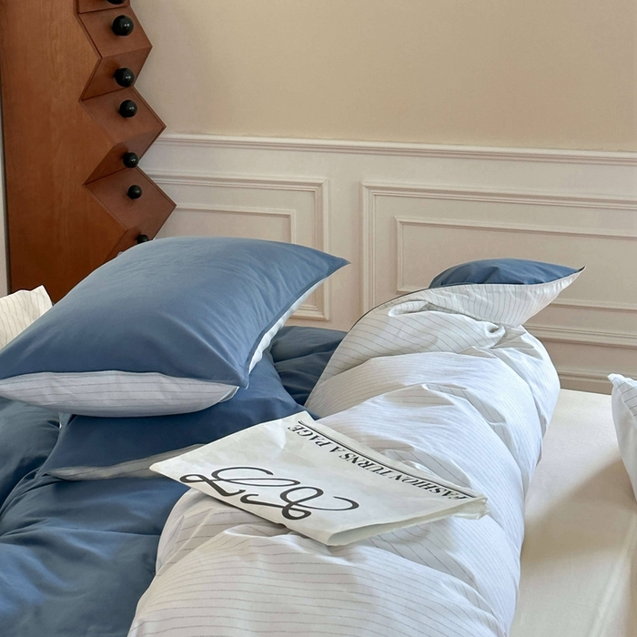 91家纺网 家纺一手货源 找家纺 时年家纺 2024新款40毛巾绣全工艺水洗全棉系列四件套（充值会员优惠5元） 深蓝条