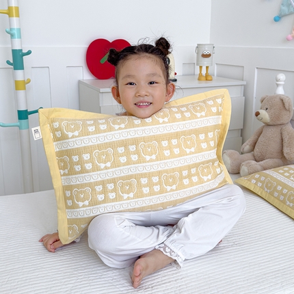 2024新品色织立体提花全棉三层纱布夹棉枕套 小熊-黄