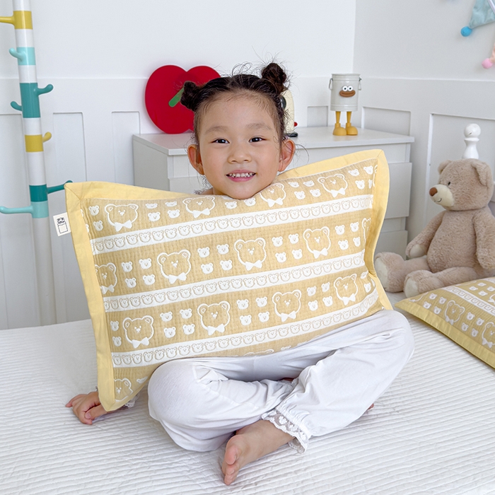 91家纺网 家纺一手货源 找家纺 2024新品色织立体提花全棉三层纱布夹棉枕套 小熊-黄