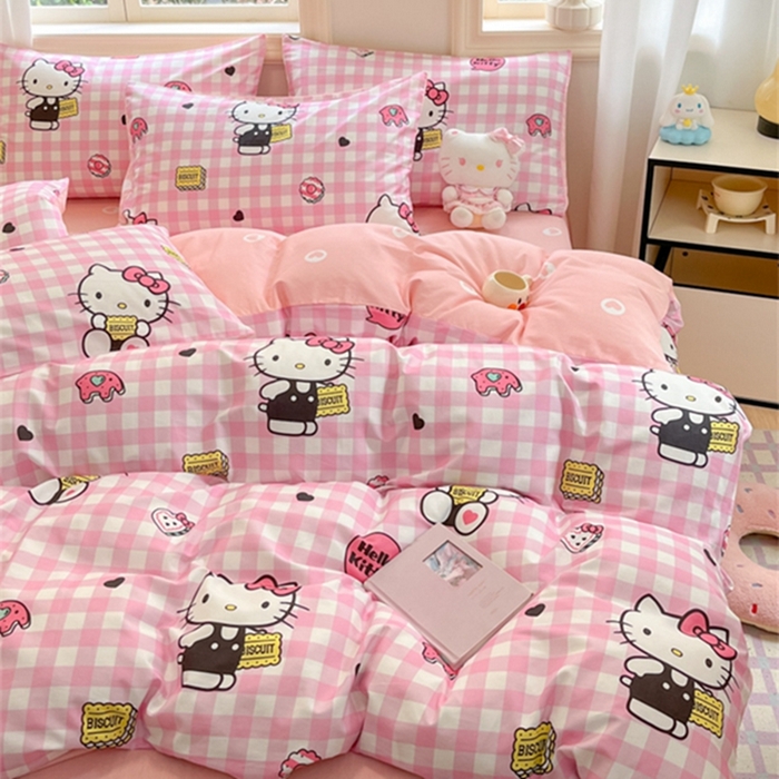 91家纺网 家纺一手货源 找家纺 博雅 2024新款三丽鸥全棉印花卡通四件套 粉格KT