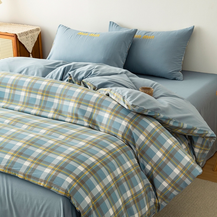 91家纺网 家纺一手货源 找家纺 富宁家纺 2025新款青春格子纯色双拼学生宿舍三件套四件套 蓝色