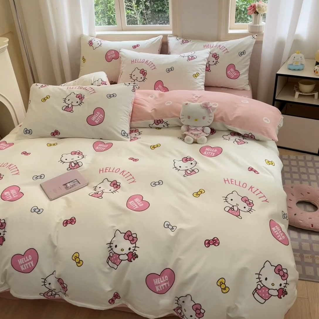 91家纺网 家纺一手货源 找家纺 博雅 2024新款三丽鸥全棉印花卡通四件套 蝴蝶结KT