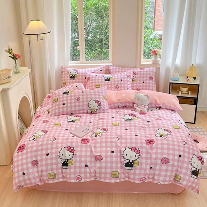 91家纺网 家纺一手货源 找家纺 博雅 2024新款三丽鸥全棉印花卡通四件套 粉格KT