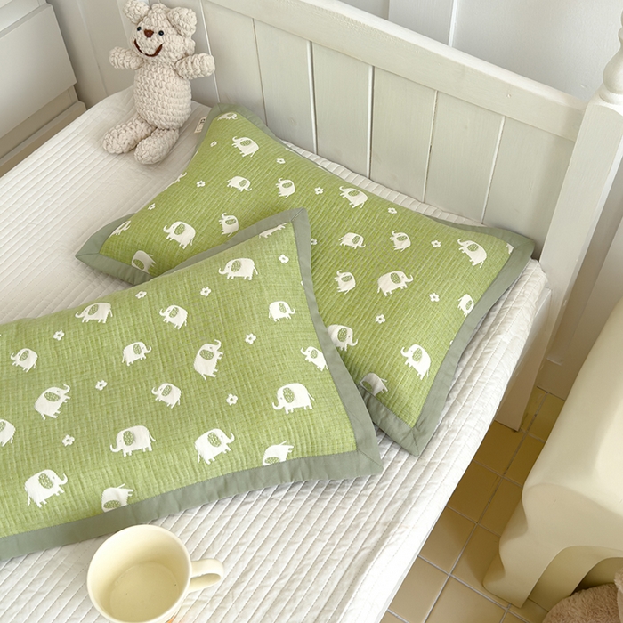 91家纺网 家纺一手货源 找家纺 2024新品色织立体提花全棉三层纱布夹棉枕套 小象-绿