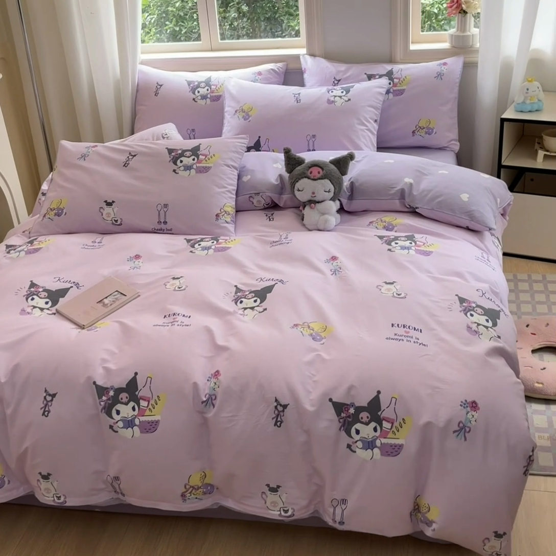 91家纺网 家纺一手货源 找家纺 博雅 2024新款三丽鸥全棉印花卡通四件套 派对库洛米