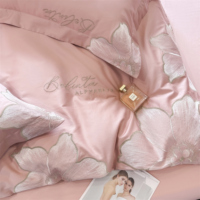 91家纺网 家纺一手货源 找家纺 宅家居 2024新款莫奈花园系列-轻奢小香风双面纯棉刺绣长绒棉四件套 莫奈花园-樱花粉