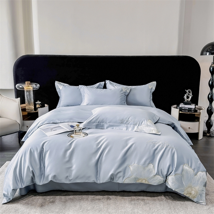 91家纺网 家纺一手货源 找家纺 宅家居 2024新款莫奈花园系列-轻奢小香风双面纯棉刺绣长绒棉四件套 莫奈花园-湖水蓝