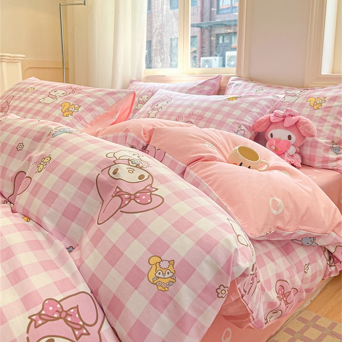 91家纺网 家纺一手货源 找家纺 博雅 2024新款三丽鸥全棉印花卡通四件套 粉格美乐蒂AB版