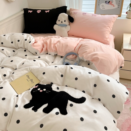 91家纺网 家纺一手货源 找家纺 海岛哥哥 2025新款云柔棉毛巾绣 四件套 毛巾绣-波点喵