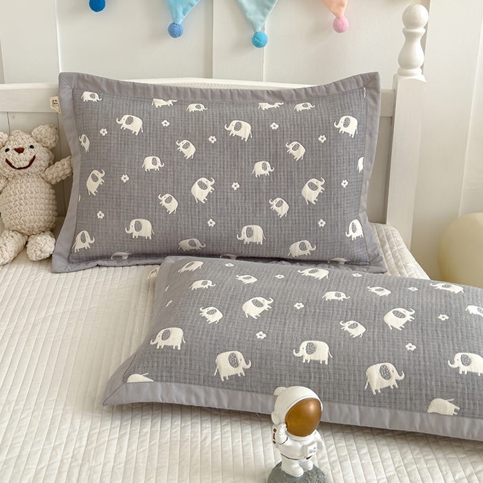 91家纺网 家纺一手货源 找家纺 2024新品色织立体提花全棉三层纱布夹棉枕套 小象-灰