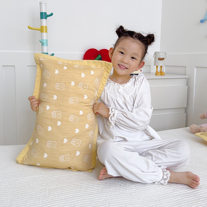 91家纺网 家纺一手货源 找家纺 2024新品色织立体提花全棉三层纱布夹棉枕套 小兔-黄