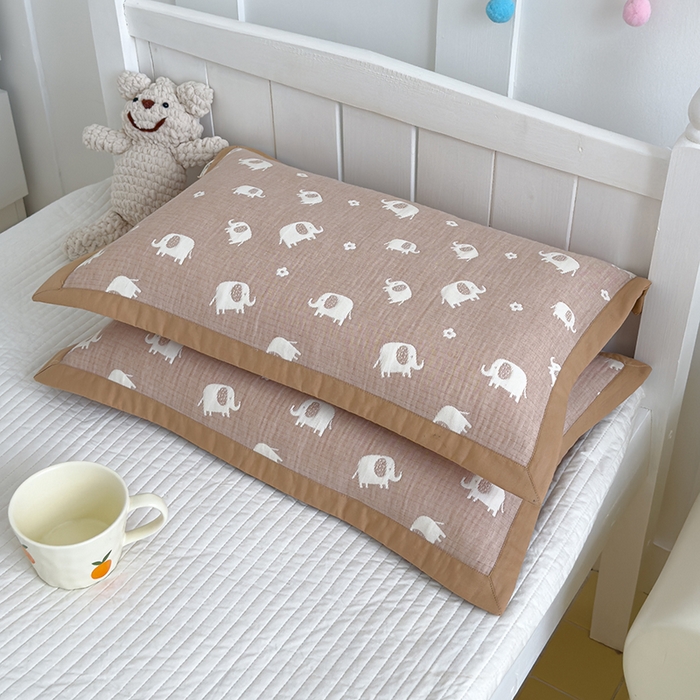 91家纺网 家纺一手货源 找家纺 2024新品色织立体提花全棉三层纱布夹棉枕套 小象-咖