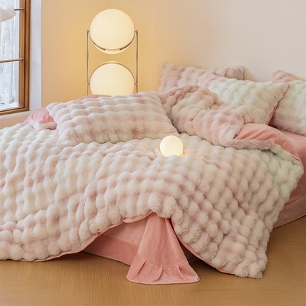 铠畅家纺 2024新款直播爆款高端A类獭兔毛立体剪花牛奶绒四件套 大泡泡七彩粉