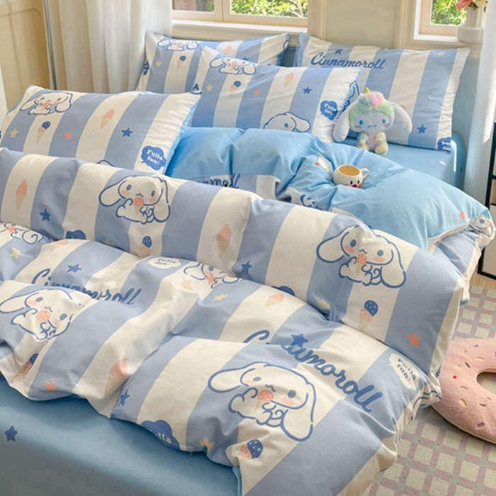 91家纺网 家纺一手货源 找家纺 博雅 2024新款三丽鸥全棉印花卡通四件套 蓝条纹玉桂狗