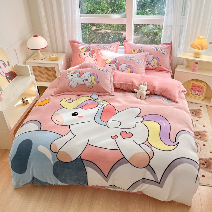 91家纺网 家纺一手货源 找家纺 喜梦缘-2025新款大版卡通牛奶绒四件套 独角兽