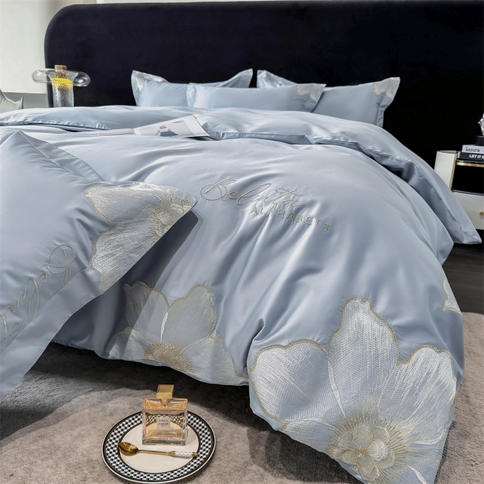 91家纺网 家纺一手货源 找家纺 宅家居 2024新款莫奈花园系列-轻奢小香风双面纯棉刺绣长绒棉四件套 莫奈花园-湖水蓝