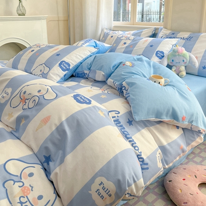 91家纺网 家纺一手货源 找家纺 博雅 2024新款三丽鸥全棉印花卡通四件套 蓝条纹玉桂狗