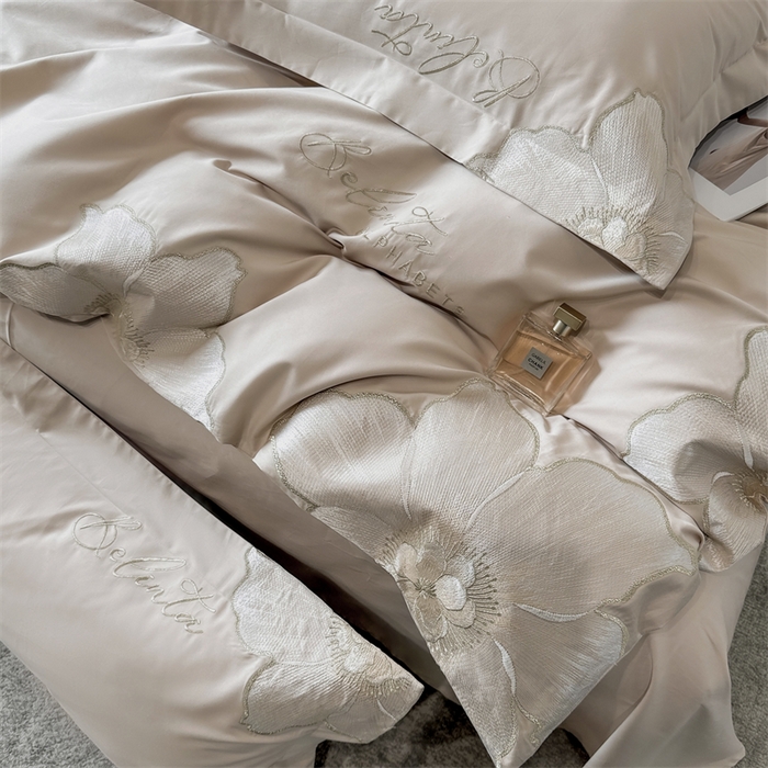 91家纺网 家纺一手货源 找家纺 宅家居 2024新款莫奈花园系列-轻奢小香风双面纯棉刺绣长绒棉四件套 莫奈花园-香槟金