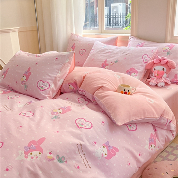 91家纺网 家纺一手货源 找家纺 博雅 2024新款三丽鸥全棉印花卡通四件套 粉色爱心美乐蒂