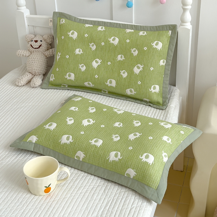 91家纺网 家纺一手货源 找家纺 2024新品色织立体提花全棉三层纱布夹棉枕套 小象-绿