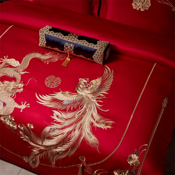 91家纺网 家纺一手货源 找家纺 宏羽纺家纺 2024新款13372纯棉婚庆套件系列 龙凤奇缘